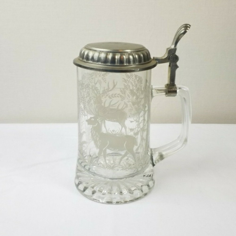 ALWE Vintage Glass Etched Wild Deer Beer Stein Mug Tankard w/Pewter Lid Italy
